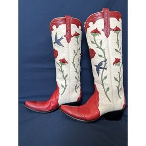 TITA'S BLUEBIRDS Red & White Cowboy Boots Stallion Boot Co 14" Handmade USA 8.5